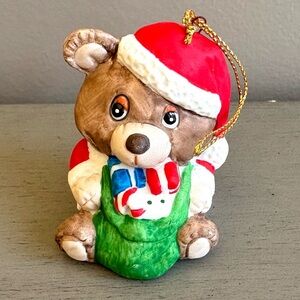 Vintage Teddy Bear Ornament w/ Santa Hat and Sack Christmas Holiday 2.5 Inch